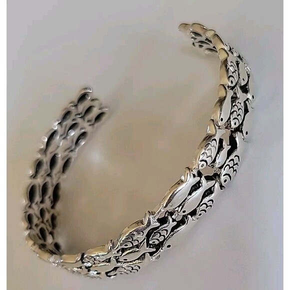 School of Fish Silver Plated Wide Chunky Black Enamel Accents Cuff Bracelet - Picture 2 of 6